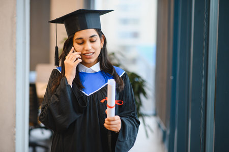 Indian woman in a graduation cap and gown holding a diploma, smiling while talking on a smartphone, celebrating academic successの写真素材