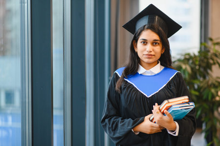 Indian graduate student celebrating academic success, achieving education goals, wearing a mortarboard and robeの写真素材