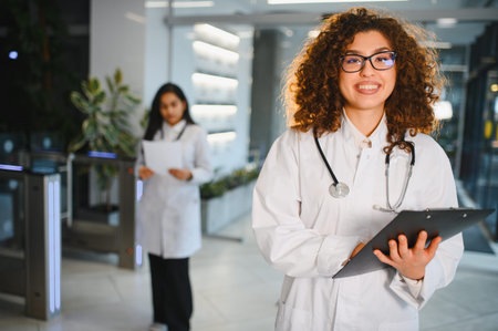 Dedicated woman doctor standing in a hospital lobby, holding a clipboard and smiling, a colleague working in the backgroundの写真素材