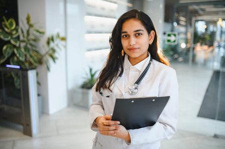 Young female physician standing in clinic hallway, ready for patient care, representing healthcare and medical professionalismの写真素材