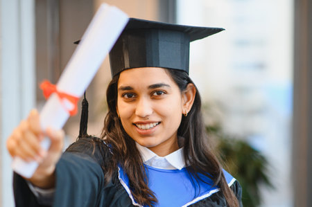 Indian female student wearing a graduation cap and gown, smiling while proudly holding her diploma, celebrating academic successの写真素材