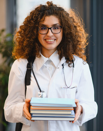 Young female medical student wearing glasses, lab coat and stethoscope, holding textbooks, smiling and looking at cameraの写真素材