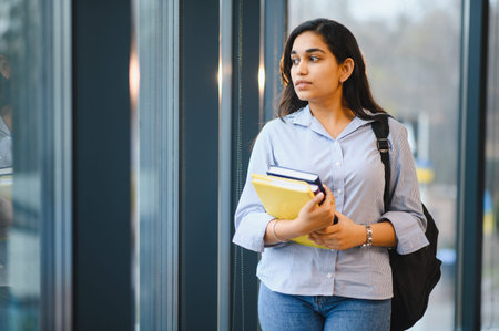 Indian university student walking on campus, carrying books and a backpack while looking away, focusing on education and learningの写真素材