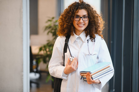 Young female medical student wearing a white coat and stethoscope, happily studying healthcare and educationの写真素材