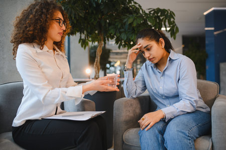 Female psychologist comforting a stressed Indian patient by offering a glass of water during a mental health therapy sessionの写真素材
