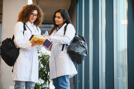 Two female medical students standing in a university hallway, discussing their textbooks and notes, preparing for future healthcare careersの写真素材