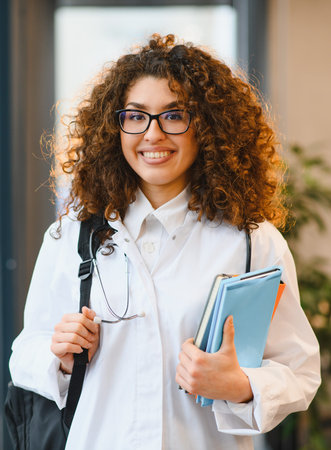 Young smiling woman in a lab coat and glasses standing while holding books and a stethoscope, preparing to study medicineの写真素材