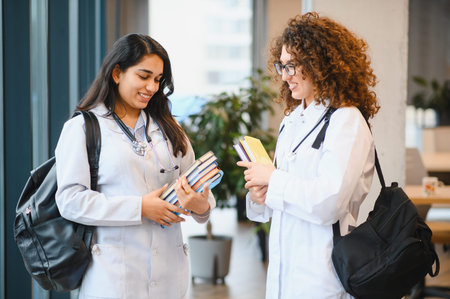 Two female medical students wearing lab coats, carrying backpacks and books, communicating in a university hallの写真素材