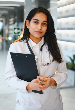 Young Indian female doctor wearing a white lab coat and stethoscope, holding a clipboard and pen in a modern clinicの写真素材