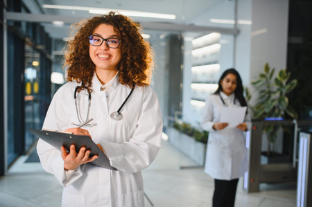 Young confident female doctor in uniform with stethoscope around her neck smiling at the camera, writing on a clipboardの写真素材