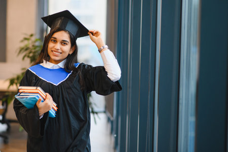 Indian female student graduation wearing cap and gown, smiling while holding books, celebrating academic achievement and successの写真素材