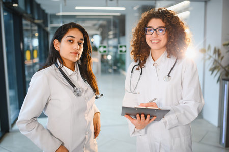 Two professional female intern doctors with stethoscopes wearing lab coats, one writing on a clipboard, working in a medical settingの写真素材
