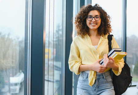 Cheerful young woman with curly hair and eyeglasses standing by a window, holding textbooks, ready for university or college studiesの写真素材