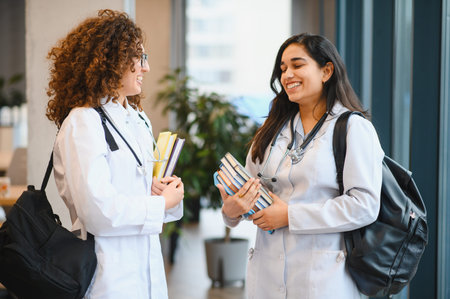 Two smiling female medical students carrying books and bags, wearing lab coats and stethoscopes, walking and conversingの写真素材