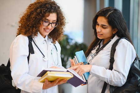 Two women medical students wearing lab coats and stethoscopes, discussing books and studying in a university settingの写真素材