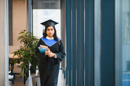 Female Indian student walking in a modern university building, wearing graduation gown and cap, holding books. Representing educationの写真素材