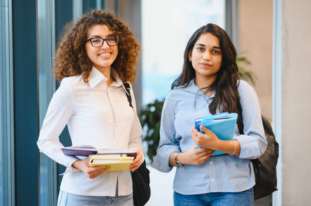 Two young women from different backgrounds standing in a university hallway, holding books and smiling, representing education and friendshipの写真素材