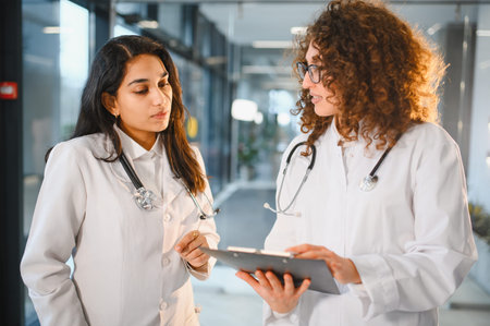 Two women doctors in lab coats discussing medical notes on a clipboard, showing collaboration and healthcare teamworkの写真素材