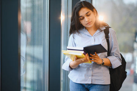 Young Indian woman concentrating on her studies, holding textbooks and wearing a backpack in a modern educational environmentの写真素材