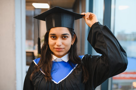 Young Indian woman student wearing graduation cap and gown, celebrating educational achievement and future career learningの写真素材