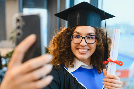 Smiling young woman in graduation cap and gown holding a scroll diploma, capturing a proud moment with her smartphoneの写真素材