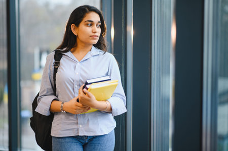 Young Indian female student carrying books and a backpack, standing by a window, contemplating her academic journeyの写真素材
