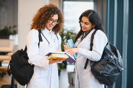 Two young female medical students wearing lab coats and stethoscopes, sharing and discussing a textbook during their studiesの写真素材