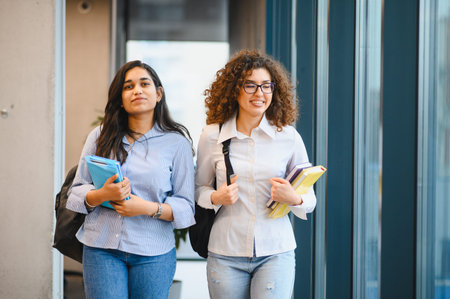 Diverse female university students walking with backpacks and books, learning and collaborating on campusの写真素材