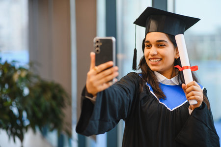 Indian woman student in academic dress holding a diploma, smiling and making a selfie with a smartphone after graduationの写真素材