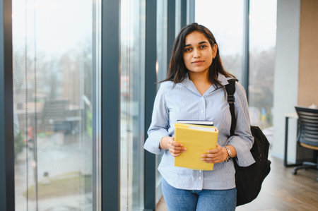 Young Indian female student standing in a modern university building, holding textbooks and wearing a backpack, ready for classの写真素材