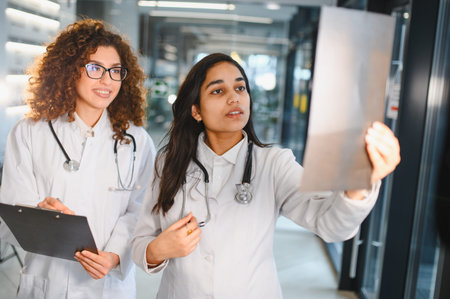 Two diverse female doctors collaborating in a hospital corridor, analyzing patient x ray results and discussing diagnosticsの写真素材