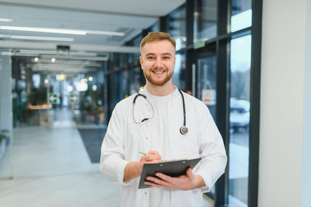 Smiling male doctor wearing a lab coat and stethoscope, holding a clipboard and pen in a modern...