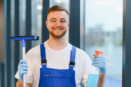 Smiling professional cleaner wearing safety glasses and protective gloves, holding a squeegee and spray bottle with cleaning fluidの写真素材