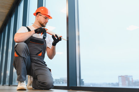 Worker in safety helmet and overalls applying silicone sealant during building maintenance and glass...