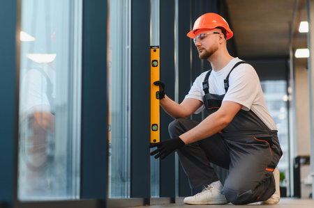 Professional worker checking straightness of glass window installation using a spirit level at a...