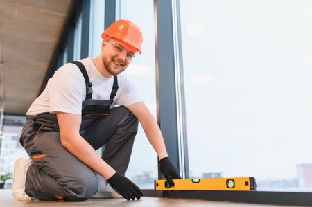 Construction worker in hard hat and safety glasses checking the level of a large modern window frame
