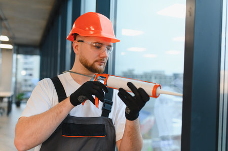 Construction worker in hard hat and safety glasses sealing modern building windows, performing...