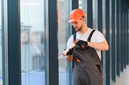 Construction worker carefully applying silicone sealant to a large glass window frame, ensuring...