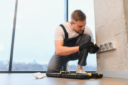 Professional electrician working on electrical outlets with a screwdriver, ensuring safe and...
