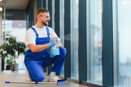 Smiling man in uniform and safety glasses cleaning a large window with spray and a brush tool,...