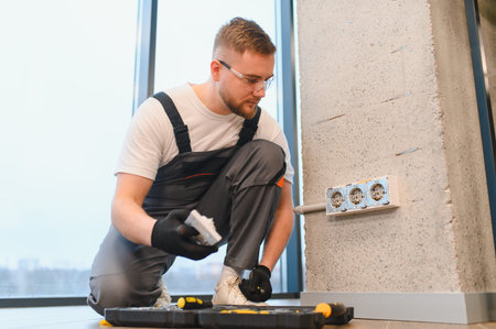 Electrical worker wearing overalls and safety glasses performing installation of power sockets during renovation or constructionの写真素材