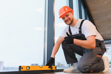 Professional builder installing a large glass window, using a spirit level, wearing a hardhat and...