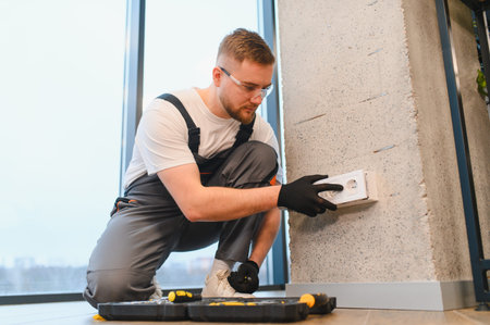 Professional electrician wearing safety glasses and gloves, working to install a modern electrical...