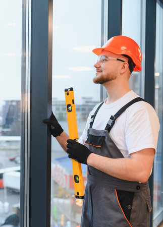 Builder adjusting a window frame with a spirit level, wearing a safety helmet and protective...