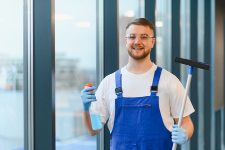 Smiling man in safety glasses and blue overalls holding a spray bottle and squeegee, ready for...