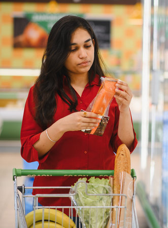 Woman standing in supermarket aisle, holding packaged salmon. She is reading the food label for healthy eating decisionsの写真素材