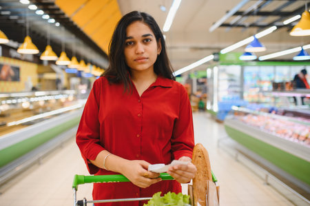 Woman analyzing a supermarket receipt while pushing a shopping cart filled with fresh produce, focusing on food pricesの写真素材