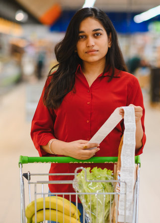 Young woman standing with a shopping cart in a supermarket aisle, comparing her purchases with a long receiptの写真素材