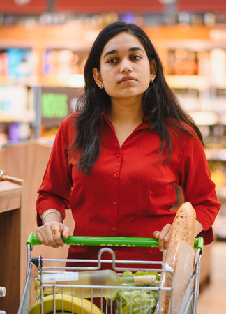 Young woman in red shirt shopping for food and essentials, pushing a full grocery cart through the supermarket aisleの写真素材