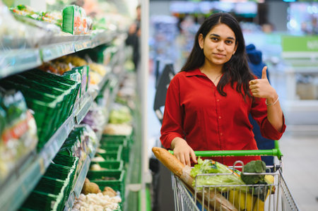 Indian woman standing with shopping cart full of groceries in supermarket aisle, giving a thumbs up gestureの写真素材